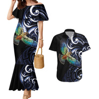 New Zealand Kea Bird Personalised Couples Matching Mermaid Dress and Hawaiian Shirt Maori Tribal Koru Art LT9 Blue - Polynesian Pride