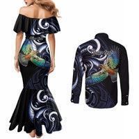 New Zealand Kea Bird Personalised Couples Matching Mermaid Dress and Long Sleeve Button Shirt Maori Tribal Koru Art LT9 - Polynesian Pride