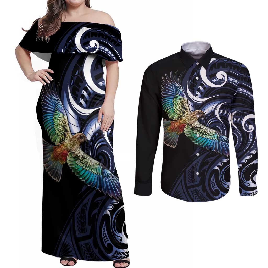 New Zealand Kea Bird Personalised Couples Matching Off Shoulder Maxi Dress and Long Sleeve Button Shirt Maori Tribal Koru Art LT9 Blue - Polynesian Pride