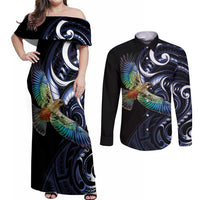 New Zealand Kea Bird Personalised Couples Matching Off Shoulder Maxi Dress and Long Sleeve Button Shirt Maori Tribal Koru Art LT9 Blue - Polynesian Pride