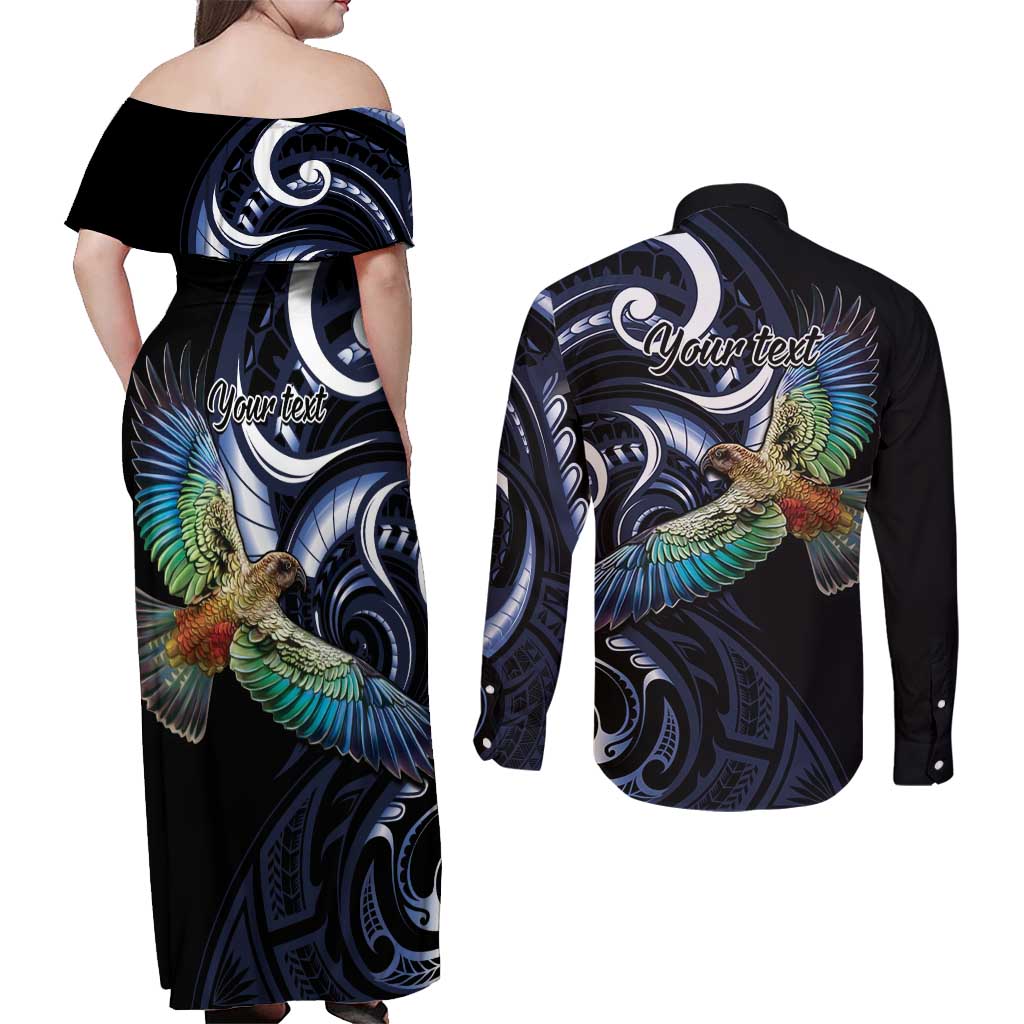 New Zealand Kea Bird Personalised Couples Matching Off Shoulder Maxi Dress and Long Sleeve Button Shirt Maori Tribal Koru Art LT9 - Polynesian Pride