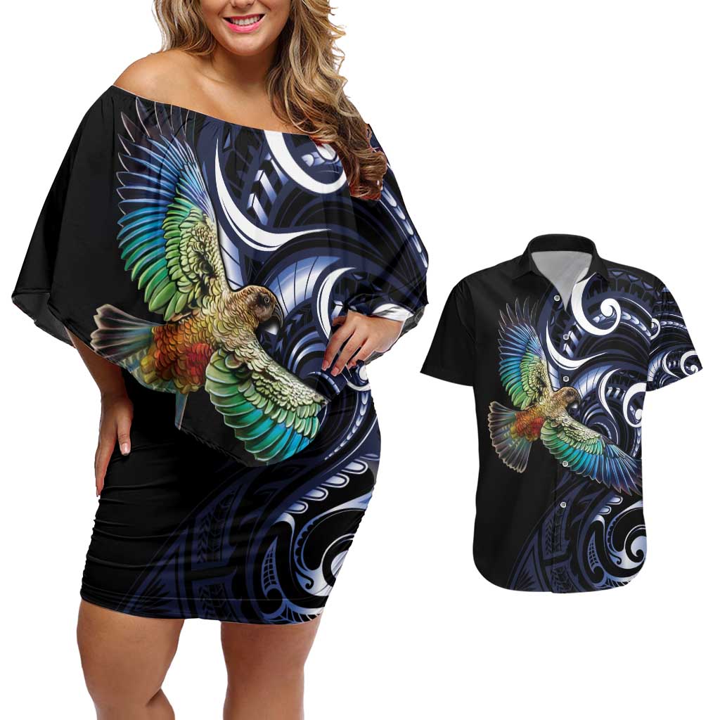 New Zealand Kea Bird Personalised Couples Matching Off Shoulder Short Dress and Hawaiian Shirt Maori Tribal Koru Art LT9 Blue - Polynesian Pride