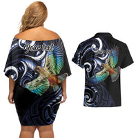 New Zealand Kea Bird Personalised Couples Matching Off Shoulder Short Dress and Hawaiian Shirt Maori Tribal Koru Art LT9 - Polynesian Pride