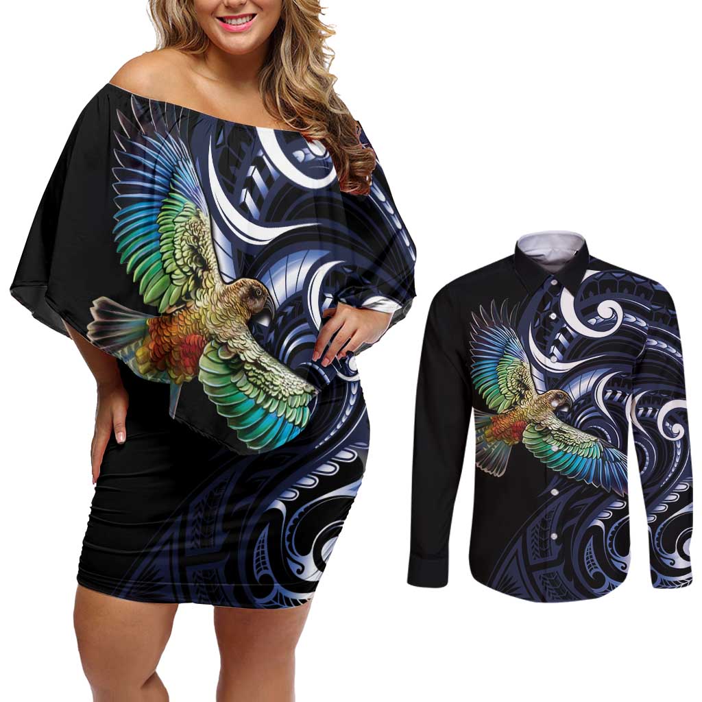 New Zealand Kea Bird Personalised Couples Matching Off Shoulder Short Dress and Long Sleeve Button Shirt Maori Tribal Koru Art LT9 Blue - Polynesian Pride