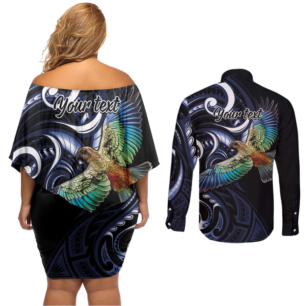 New Zealand Kea Bird Personalised Couples Matching Off Shoulder Short Dress and Long Sleeve Button Shirt Maori Tribal Koru Art LT9 - Polynesian Pride