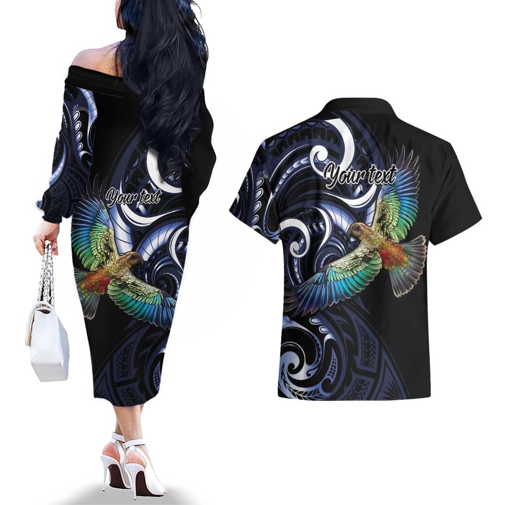 New Zealand Kea Bird Personalised Couples Matching Off The Shoulder Long Sleeve Dress and Hawaiian Shirt Maori Tribal Koru Art LT9 - Polynesian Pride