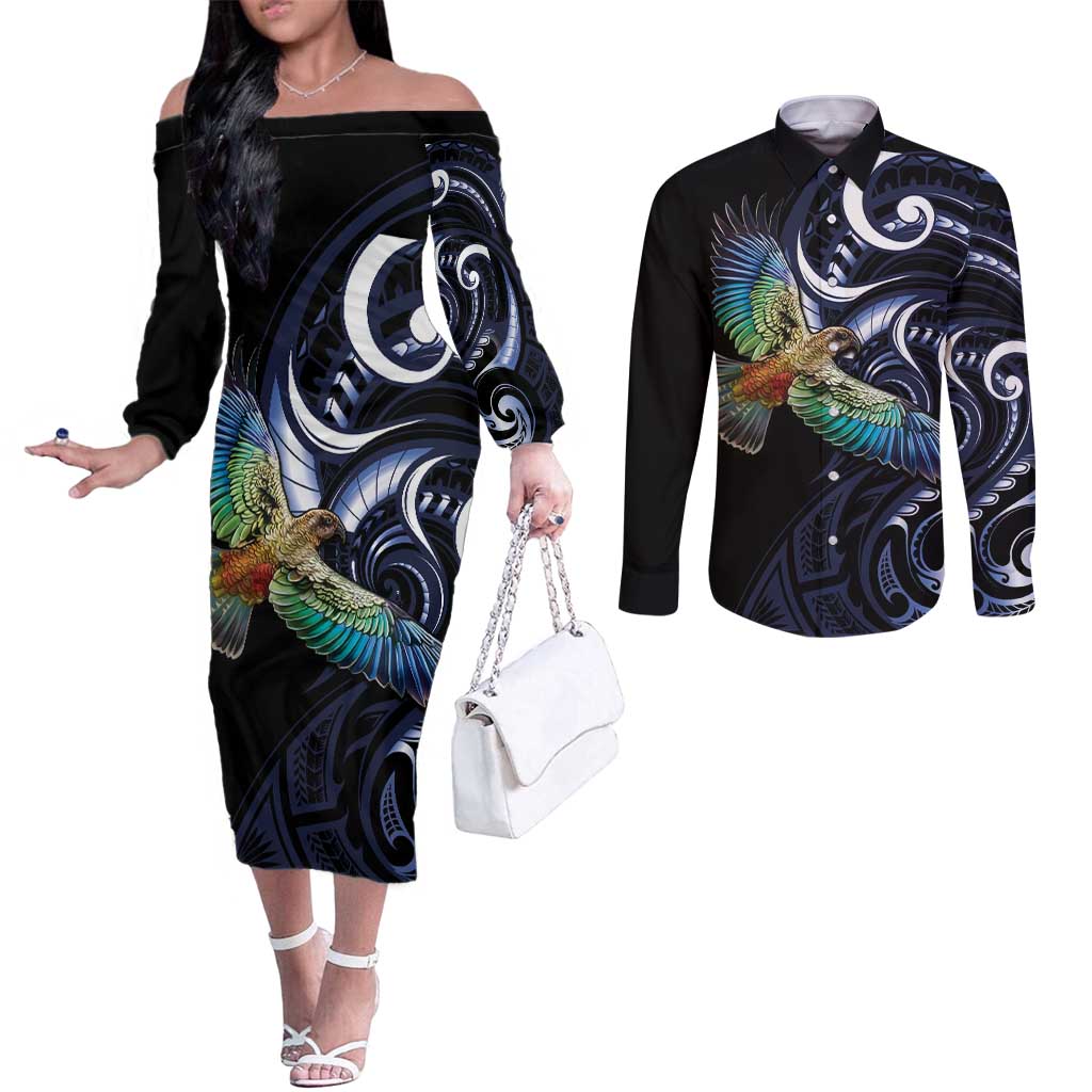 New Zealand Kea Bird Personalised Couples Matching Off The Shoulder Long Sleeve Dress and Long Sleeve Button Shirt Maori Tribal Koru Art LT9 Blue - Polynesian Pride