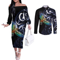 New Zealand Kea Bird Personalised Couples Matching Off The Shoulder Long Sleeve Dress and Long Sleeve Button Shirt Maori Tribal Koru Art LT9 Blue - Polynesian Pride
