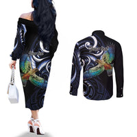 New Zealand Kea Bird Personalised Couples Matching Off The Shoulder Long Sleeve Dress and Long Sleeve Button Shirt Maori Tribal Koru Art LT9 - Polynesian Pride