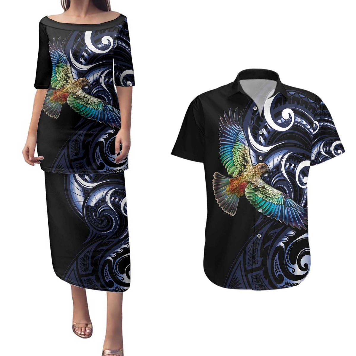 New Zealand Kea Bird Personalised Couples Matching Puletasi and Hawaiian Shirt Maori Tribal Koru Art LT9 Blue - Polynesian Pride