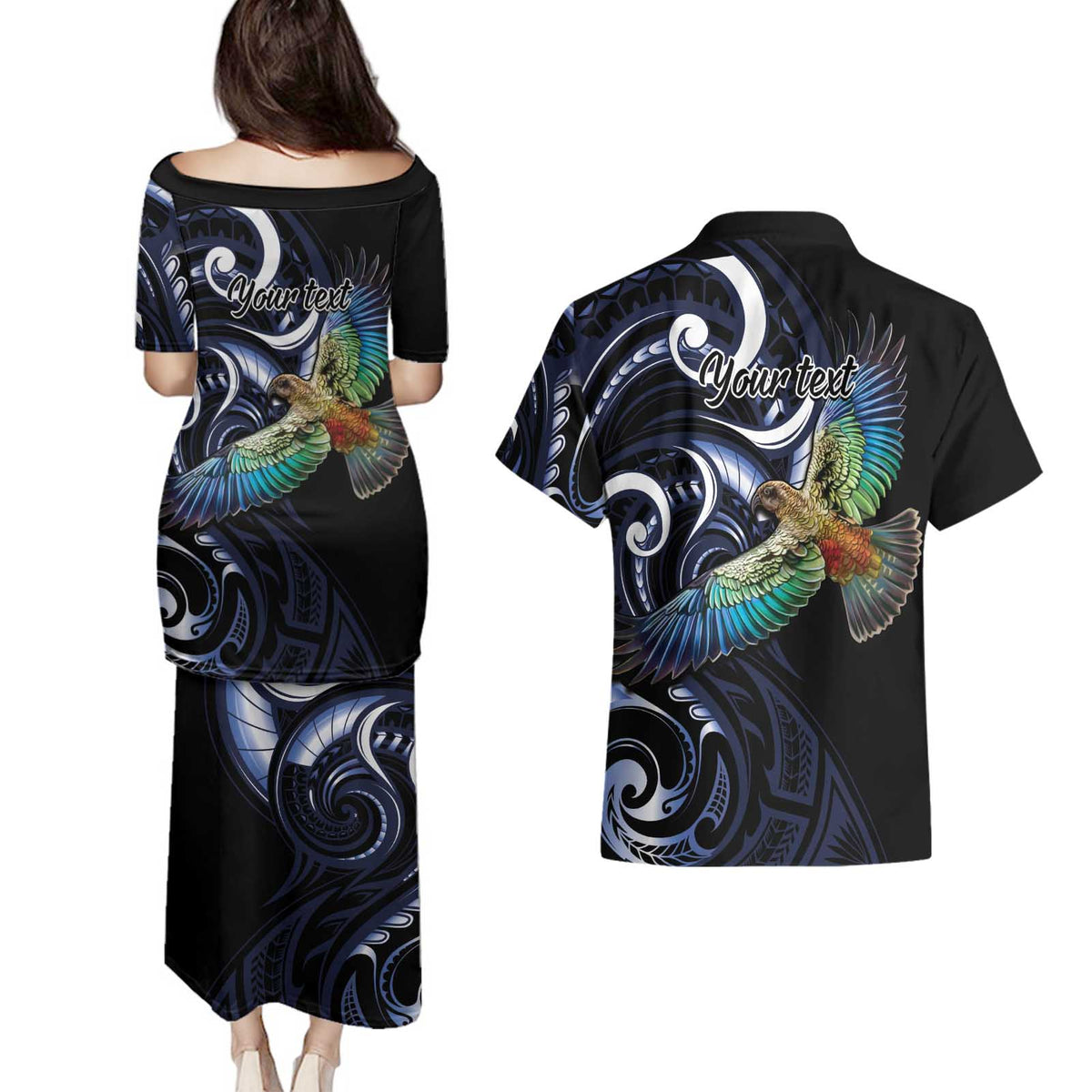 New Zealand Kea Bird Personalised Couples Matching Puletasi and Hawaiian Shirt Maori Tribal Koru Art LT9 - Polynesian Pride