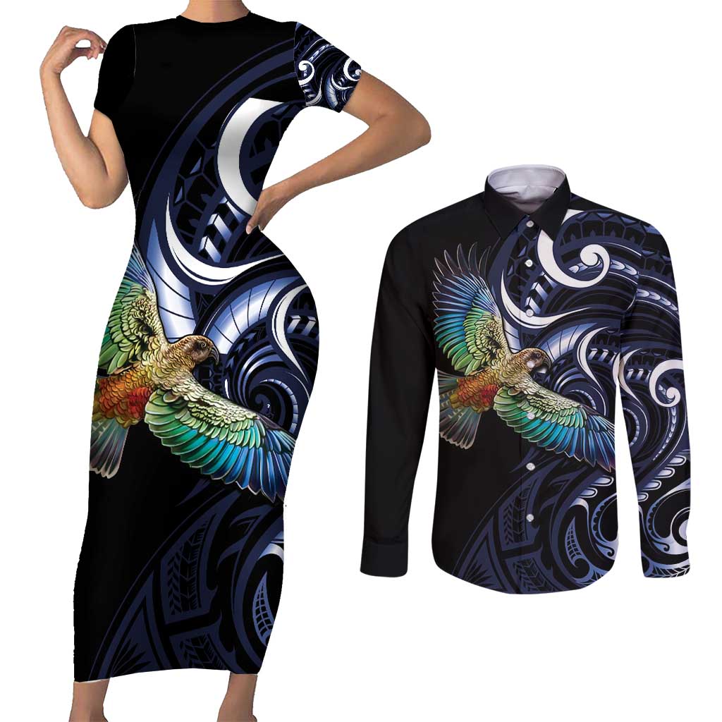 New Zealand Kea Bird Personalised Couples Matching Short Sleeve Bodycon Dress and Long Sleeve Button Shirt Maori Tribal Koru Art LT9 Blue - Polynesian Pride