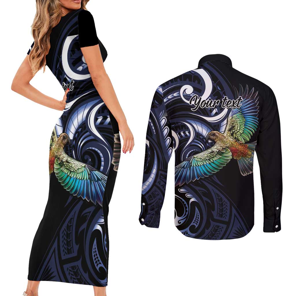 New Zealand Kea Bird Personalised Couples Matching Short Sleeve Bodycon Dress and Long Sleeve Button Shirt Maori Tribal Koru Art LT9 - Polynesian Pride