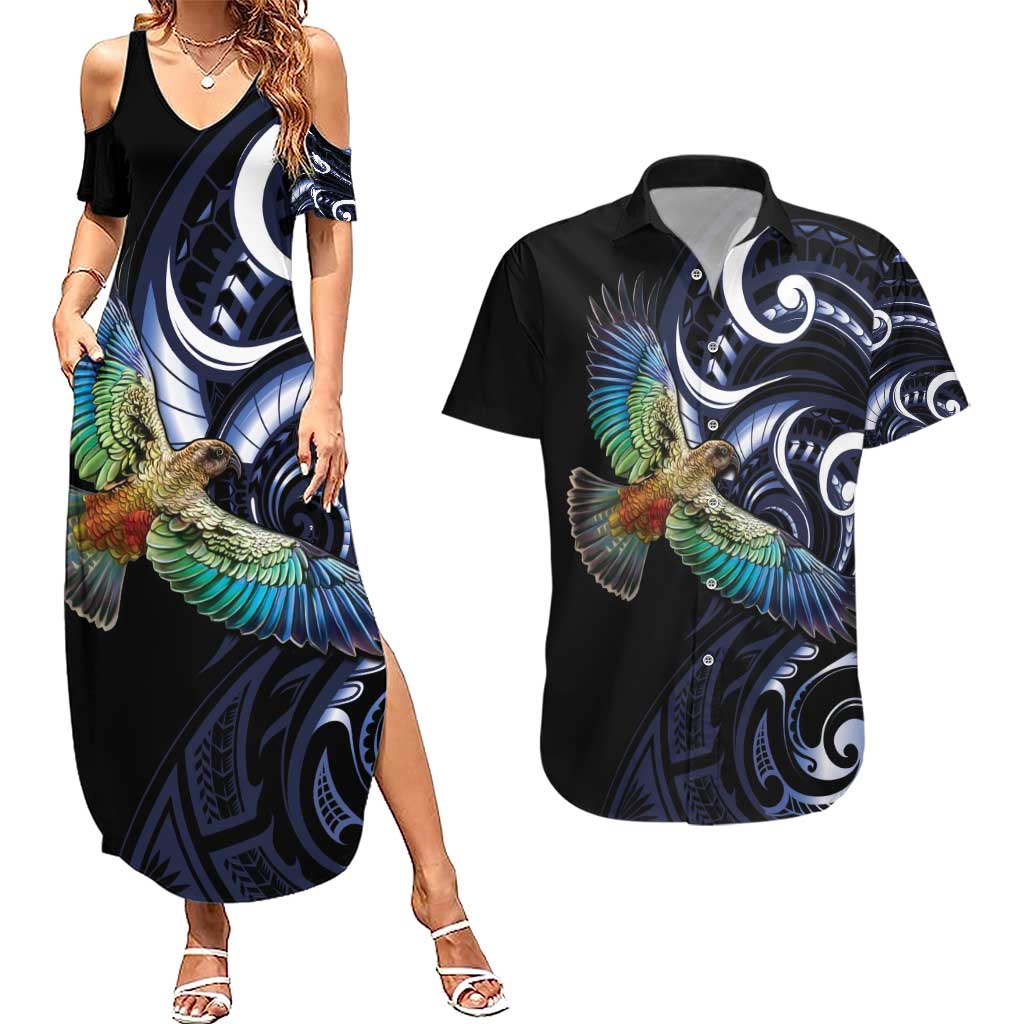 New Zealand Kea Bird Personalised Couples Matching Summer Maxi Dress and Hawaiian Shirt Maori Tribal Koru Art LT9 Blue - Polynesian Pride