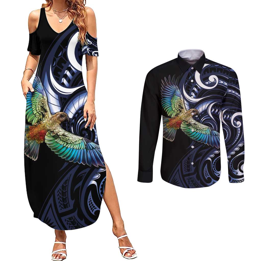 New Zealand Kea Bird Personalised Couples Matching Summer Maxi Dress and Long Sleeve Button Shirt Maori Tribal Koru Art LT9 Blue - Polynesian Pride