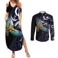 New Zealand Kea Bird Personalised Couples Matching Summer Maxi Dress and Long Sleeve Button Shirt Maori Tribal Koru Art LT9 Blue - Polynesian Pride