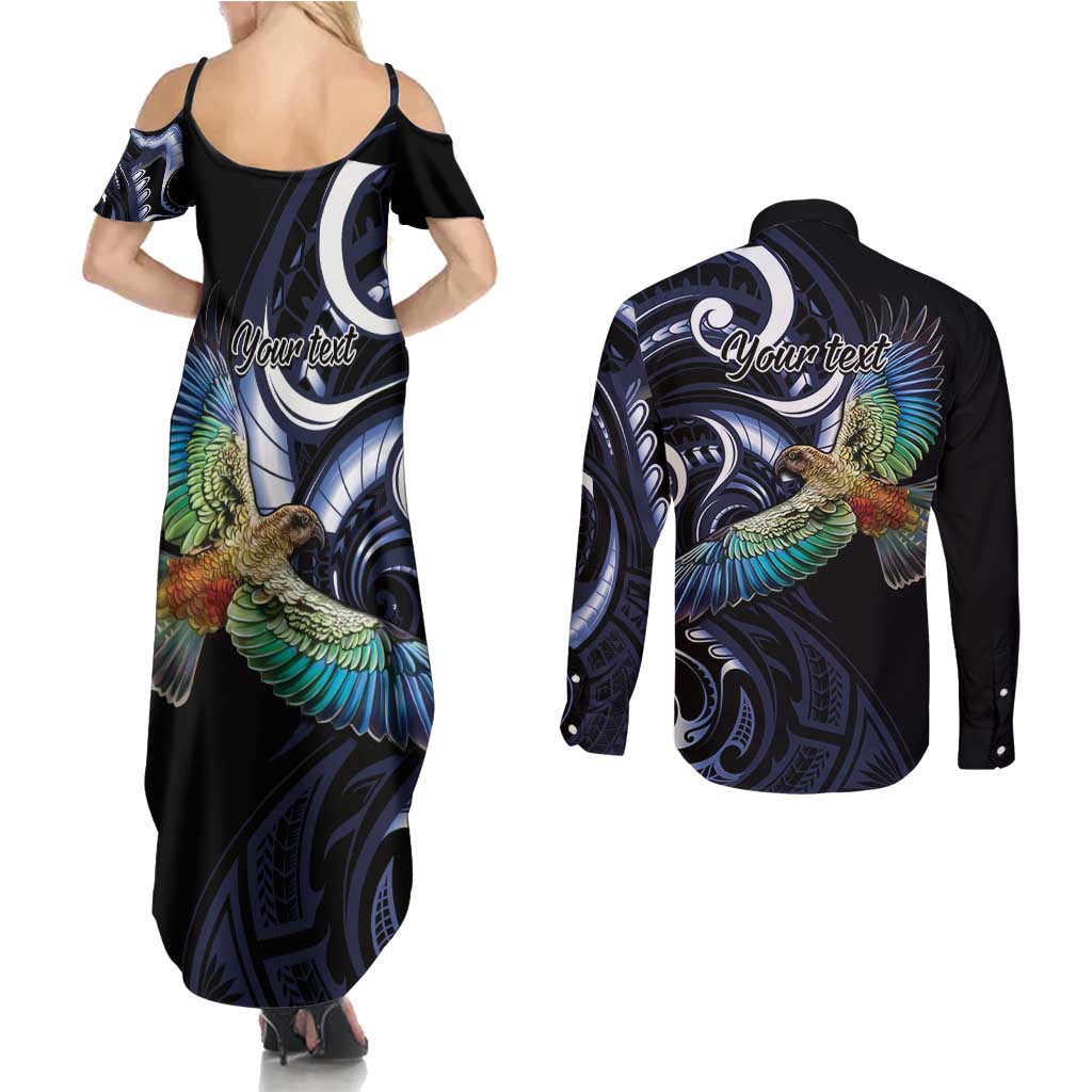 New Zealand Kea Bird Personalised Couples Matching Summer Maxi Dress and Long Sleeve Button Shirt Maori Tribal Koru Art LT9 - Polynesian Pride