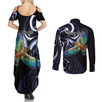 New Zealand Kea Bird Personalised Couples Matching Summer Maxi Dress and Long Sleeve Button Shirt Maori Tribal Koru Art LT9 - Polynesian Pride