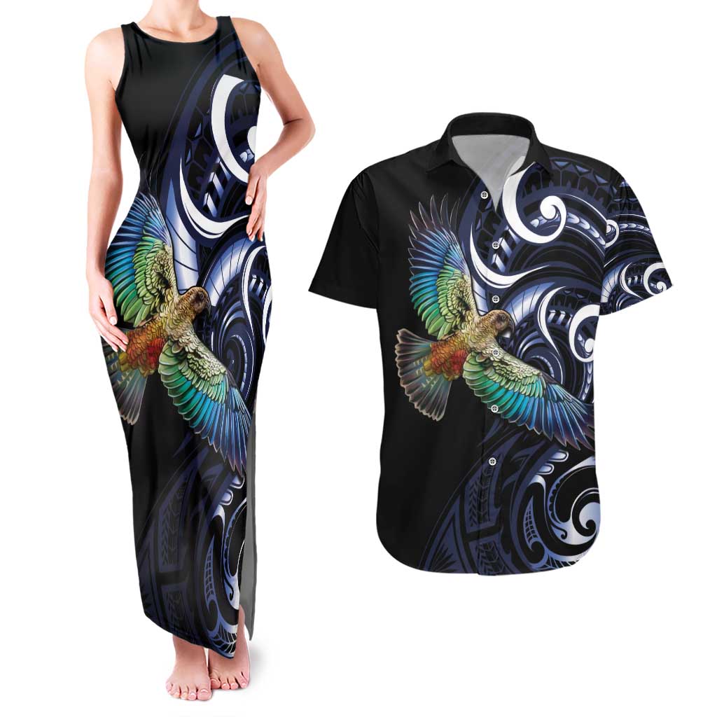 New Zealand Kea Bird Personalised Couples Matching Tank Maxi Dress and Hawaiian Shirt Maori Tribal Koru Art LT9 Blue - Polynesian Pride