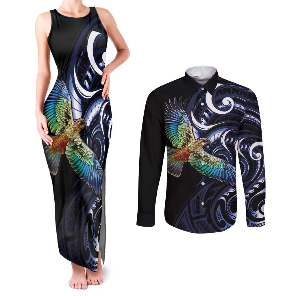 New Zealand Kea Bird Personalised Couples Matching Tank Maxi Dress and Long Sleeve Button Shirt Maori Tribal Koru Art LT9 Blue - Polynesian Pride