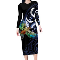 New Zealand Kea Bird Personalised Family Matching Long Sleeve Bodycon Dress and Hawaiian Shirt Maori Tribal Koru Art LT9 Mom's Dress Blue - Polynesian Pride