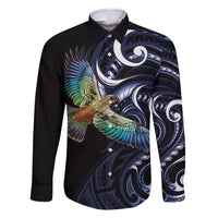 New Zealand Kea Bird Personalised Family Matching Mermaid Dress and Hawaiian Shirt Maori Tribal Koru Art LT9 Dad's Shirt - Long Sleeve Blue - Polynesian Pride