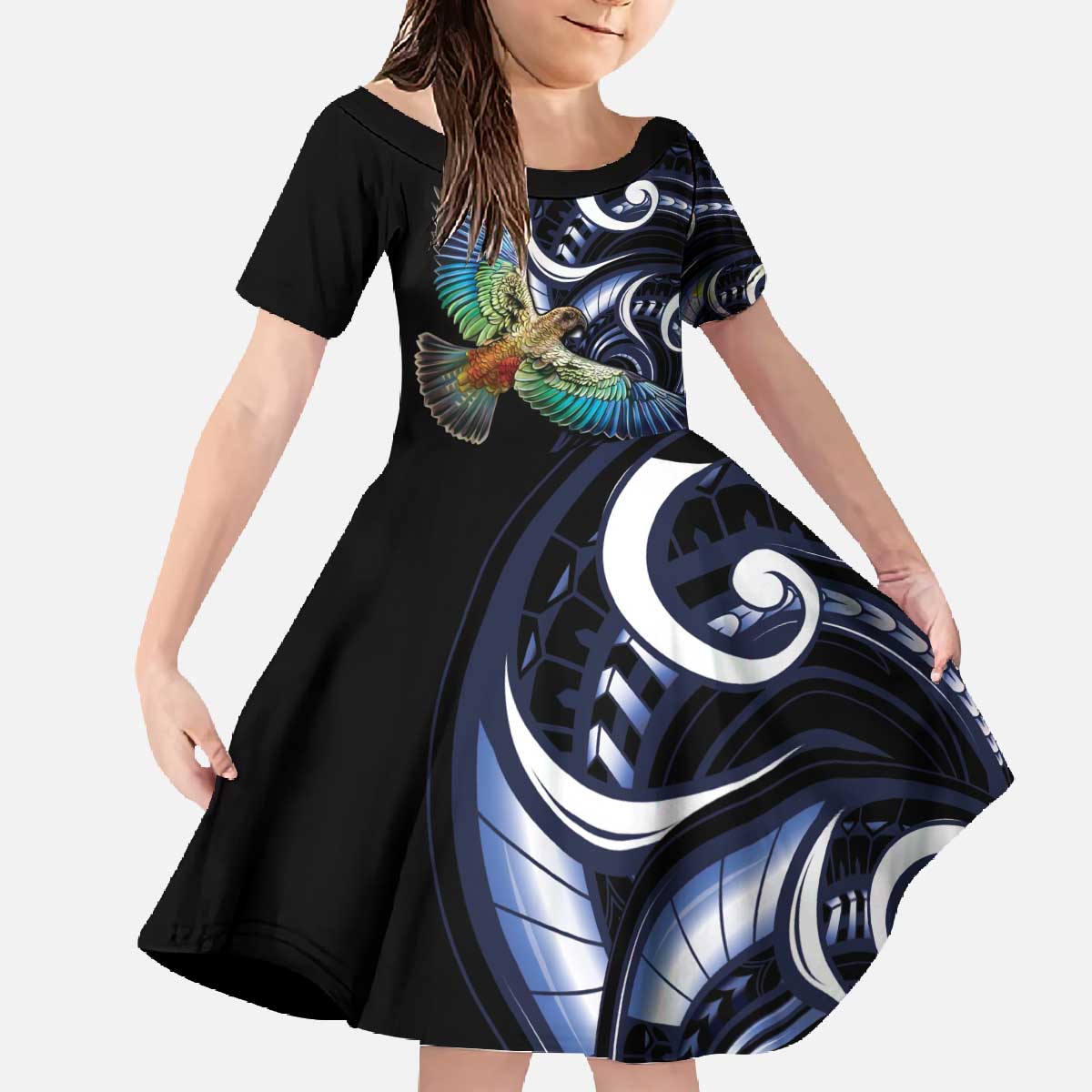 New Zealand Kea Bird Personalised Family Matching Off The Shoulder Long Sleeve Dress and Hawaiian Shirt Maori Tribal Koru Art LT9 Daughter's Dress Blue - Polynesian Pride