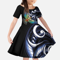 New Zealand Kea Bird Personalised Family Matching Off The Shoulder Long Sleeve Dress and Hawaiian Shirt Maori Tribal Koru Art LT9 Daughter's Dress Blue - Polynesian Pride
