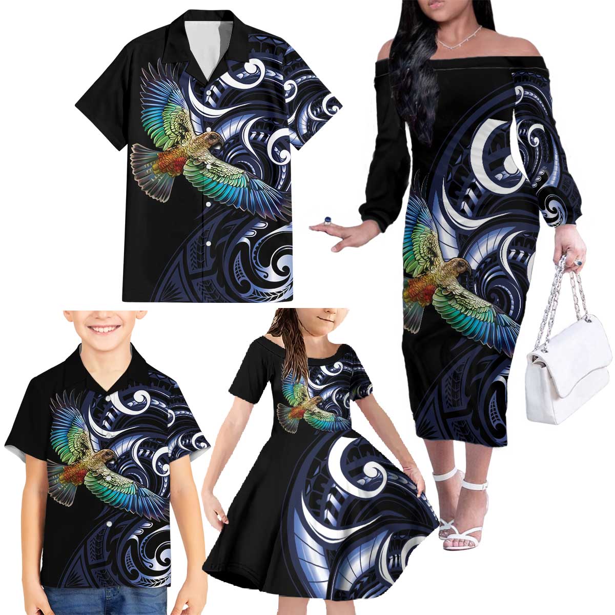 New Zealand Kea Bird Personalised Family Matching Off The Shoulder Long Sleeve Dress and Hawaiian Shirt Maori Tribal Koru Art LT9 - Polynesian Pride