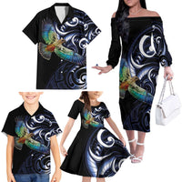 New Zealand Kea Bird Personalised Family Matching Off The Shoulder Long Sleeve Dress and Hawaiian Shirt Maori Tribal Koru Art LT9 - Polynesian Pride