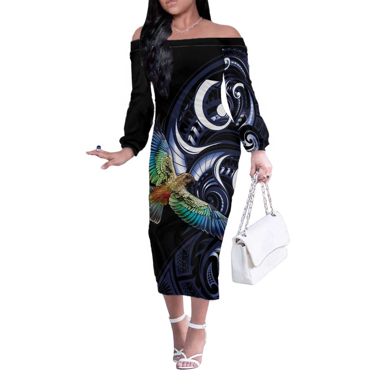 New Zealand Kea Bird Personalised Family Matching Off The Shoulder Long Sleeve Dress and Hawaiian Shirt Maori Tribal Koru Art LT9 Mom's Dress Blue - Polynesian Pride