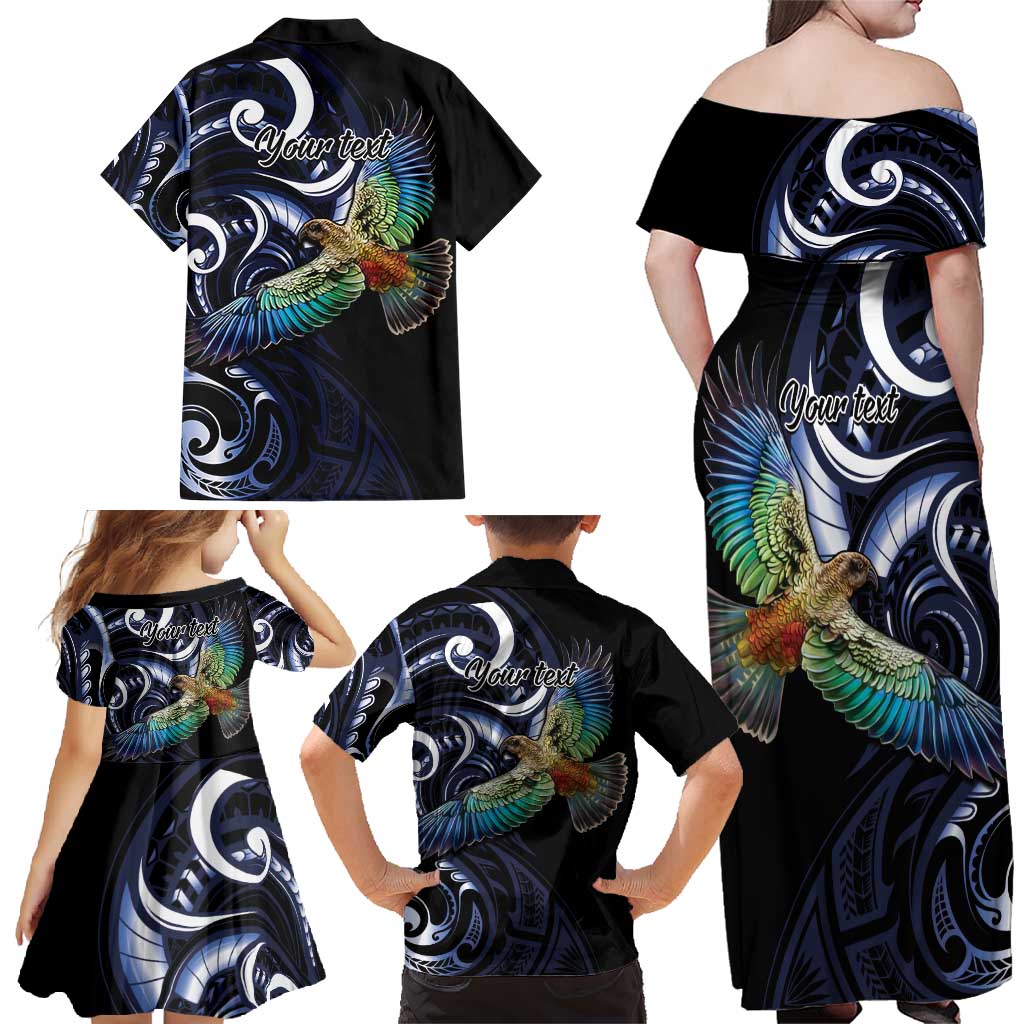 New Zealand Kea Bird Personalised Family Matching Off Shoulder Maxi Dress and Hawaiian Shirt Maori Tribal Koru Art LT9 - Polynesian Pride