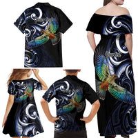 New Zealand Kea Bird Personalised Family Matching Off Shoulder Maxi Dress and Hawaiian Shirt Maori Tribal Koru Art LT9 - Polynesian Pride