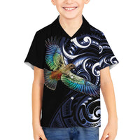 New Zealand Kea Bird Personalised Family Matching Off Shoulder Maxi Dress and Hawaiian Shirt Maori Tribal Koru Art LT9 Son's Shirt Blue - Polynesian Pride