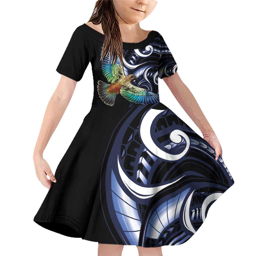 New Zealand Kea Bird Personalised Family Matching Off Shoulder Short Dress and Hawaiian Shirt Maori Tribal Koru Art LT9 Daughter's Dress Blue - Polynesian Pride