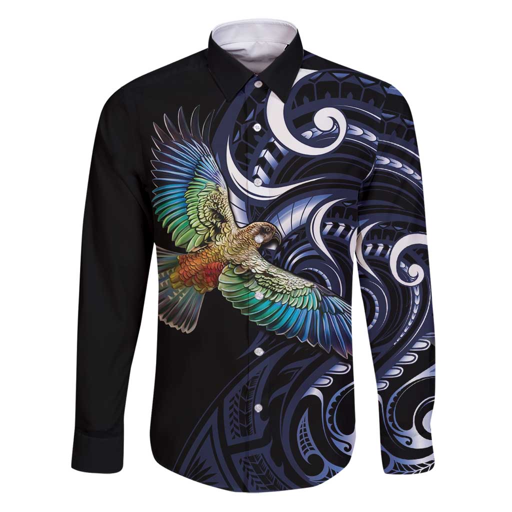 New Zealand Kea Bird Personalised Family Matching Puletasi and Hawaiian Shirt Maori Tribal Koru Art LT9 Dad's Shirt - Long Sleeve Blue - Polynesian Pride