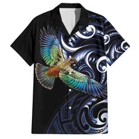 New Zealand Kea Bird Personalised Family Matching Short Sleeve Bodycon Dress and Hawaiian Shirt Maori Tribal Koru Art LT9 Dad's Shirt - Short Sleeve Blue - Polynesian Pride