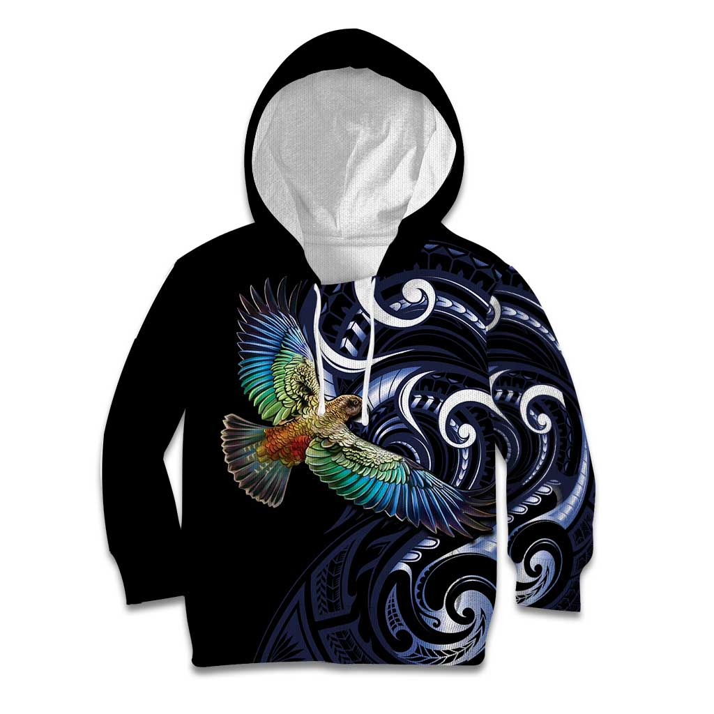 New Zealand Kea Bird Personalised Kid Hoodie Maori Tribal Koru Art LT9 Hoodie Blue - Polynesian Pride