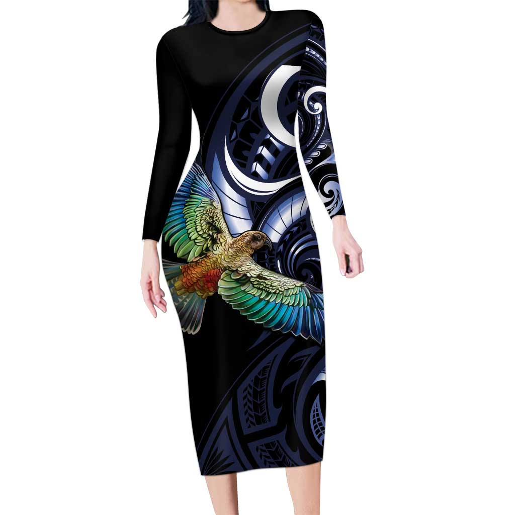 New Zealand Kea Bird Personalised Long Sleeve Bodycon Dress Maori Tribal Koru Art LT9 Long Dress Blue - Polynesian Pride