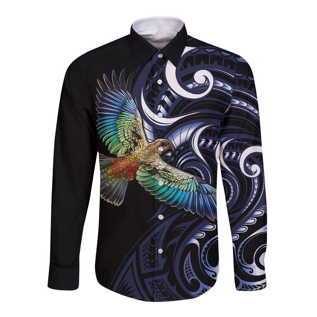 New Zealand Kea Bird Personalised Long Sleeve Button Shirt Maori Tribal Koru Art LT9 Unisex Blue - Polynesian Pride