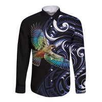 New Zealand Kea Bird Personalised Long Sleeve Button Shirt Maori Tribal Koru Art LT9 Unisex Blue - Polynesian Pride