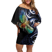 New Zealand Kea Bird Personalised Off Shoulder Short Dress Maori Tribal Koru Art LT9 Women Blue - Polynesian Pride