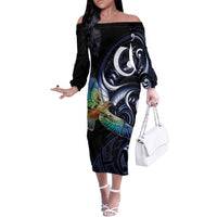 New Zealand Kea Bird Personalised Off The Shoulder Long Sleeve Dress Maori Tribal Koru Art LT9 Women Blue - Polynesian Pride