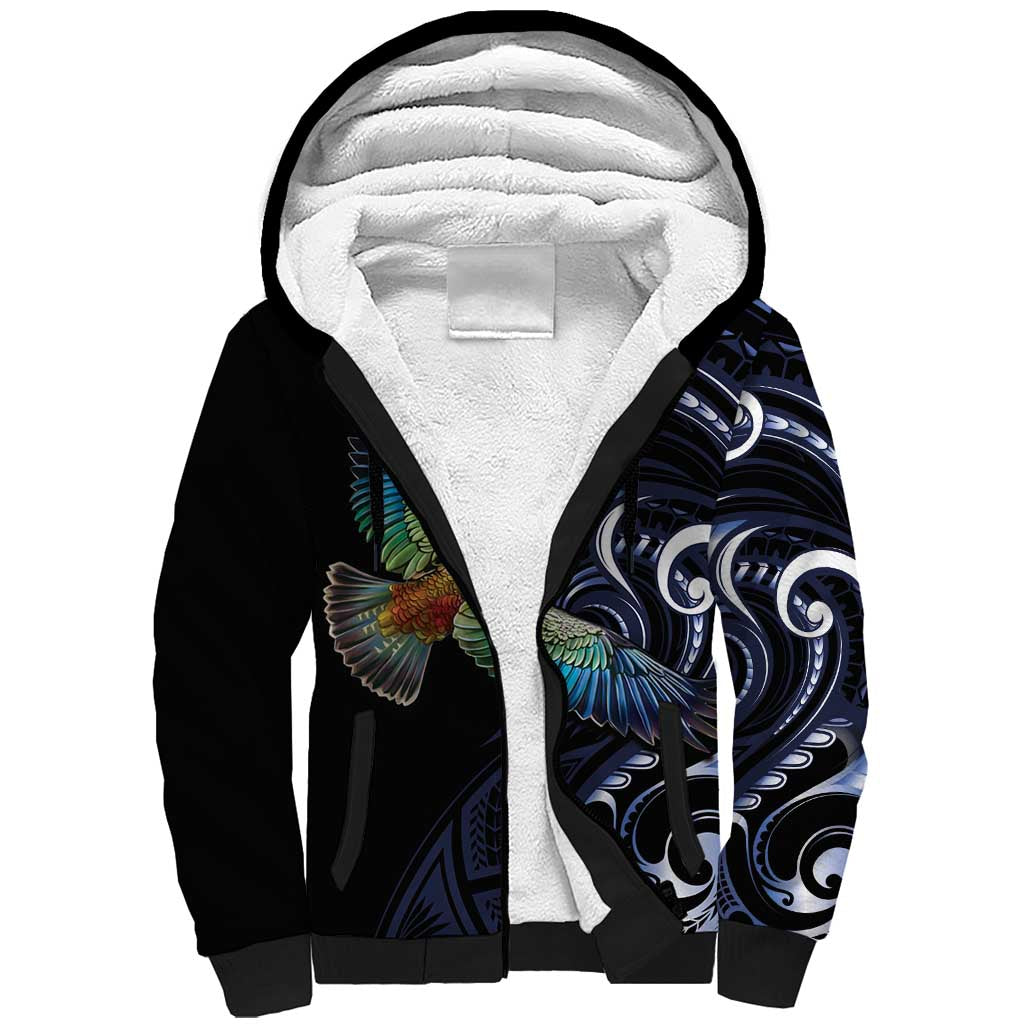 New Zealand Kea Bird Personalised Sherpa Hoodie Maori Tribal Koru Art LT9 Unisex Blue - Polynesian Pride