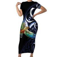 New Zealand Kea Bird Personalised Short Sleeve Bodycon Dress Maori Tribal Koru Art LT9 Long Dress Blue - Polynesian Pride
