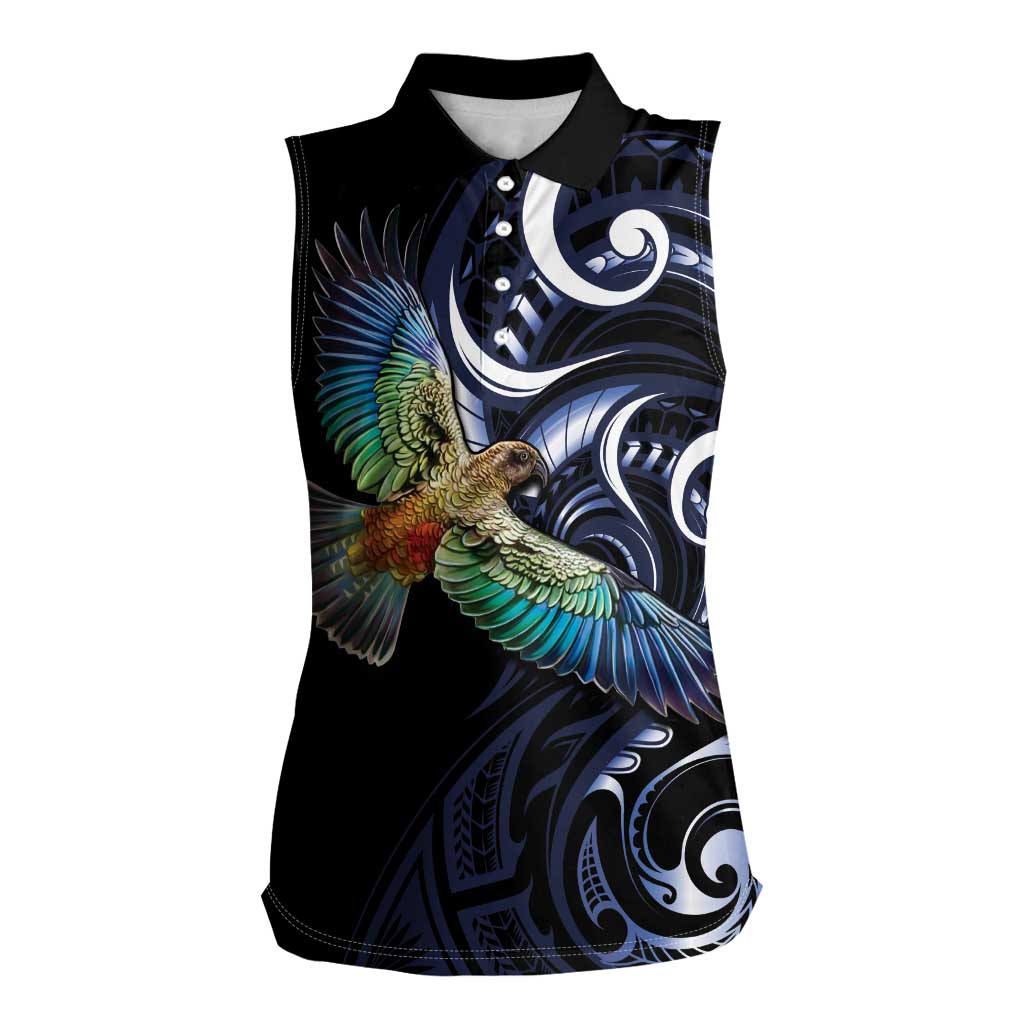 New Zealand Kea Bird Personalised Women Sleeveless Polo Shirt Maori Tribal Koru Art LT9 Female Blue - Polynesian Pride