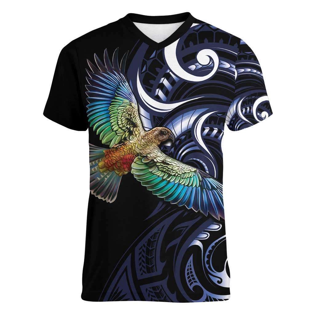 New Zealand Kea Bird Personalised Women V-Neck T-Shirt Maori Tribal Koru Art LT9 Female Blue - Polynesian Pride