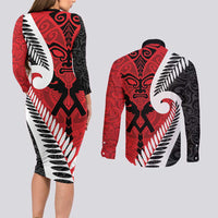 Silver Fern Koru Swirls with Maori Ta Moko Couples Matching Long Sleeve Bodycon Dress and Long Sleeve Button Shirt LT9 - Polynesian Pride