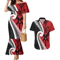 Silver Fern Koru Swirls with Maori Ta Moko Couples Matching Mermaid Dress and Hawaiian Shirt LT9 Red - Polynesian Pride
