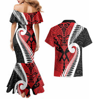 Silver Fern Koru Swirls with Maori Ta Moko Couples Matching Mermaid Dress and Hawaiian Shirt LT9 - Polynesian Pride